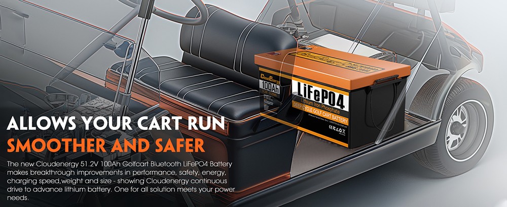 Cloudenergy 48V(51.2V) 100Ah LiFePO4 Golf Cart Battery, with 20A Charger, 5120Wh Energy, Built-in 200A Bluetooth BMS, 10240W Max. Load Power, Touch Monitor, 6000+ Cycles, for Golf Carts, Trolling Motor