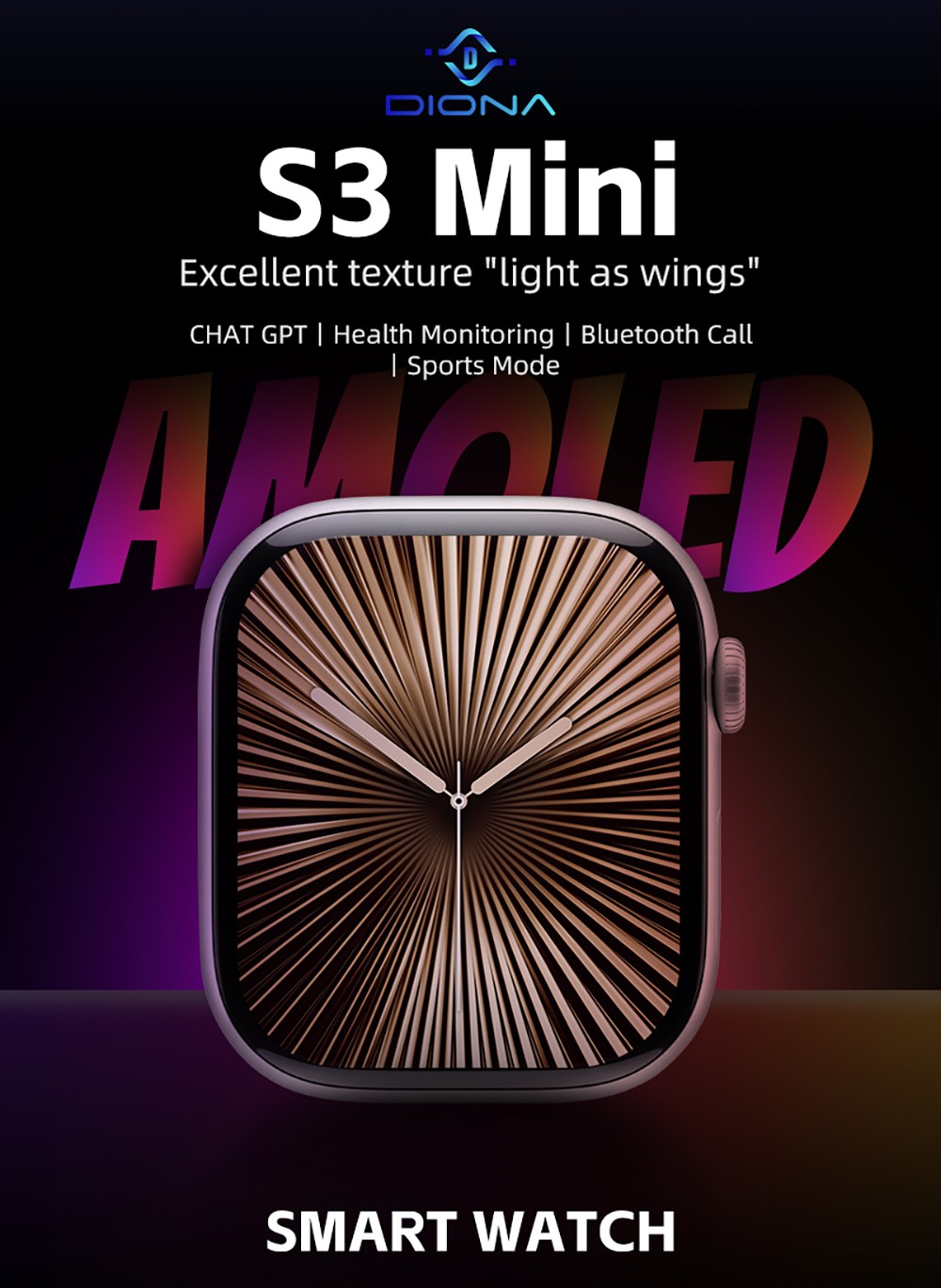 Diona S3 Mini Smartwatch, 2.1-inch AMOLED Screen, 50+ Sport Mode, Health Monitoring, Bluetooth Calling, Voice Assistant - Black