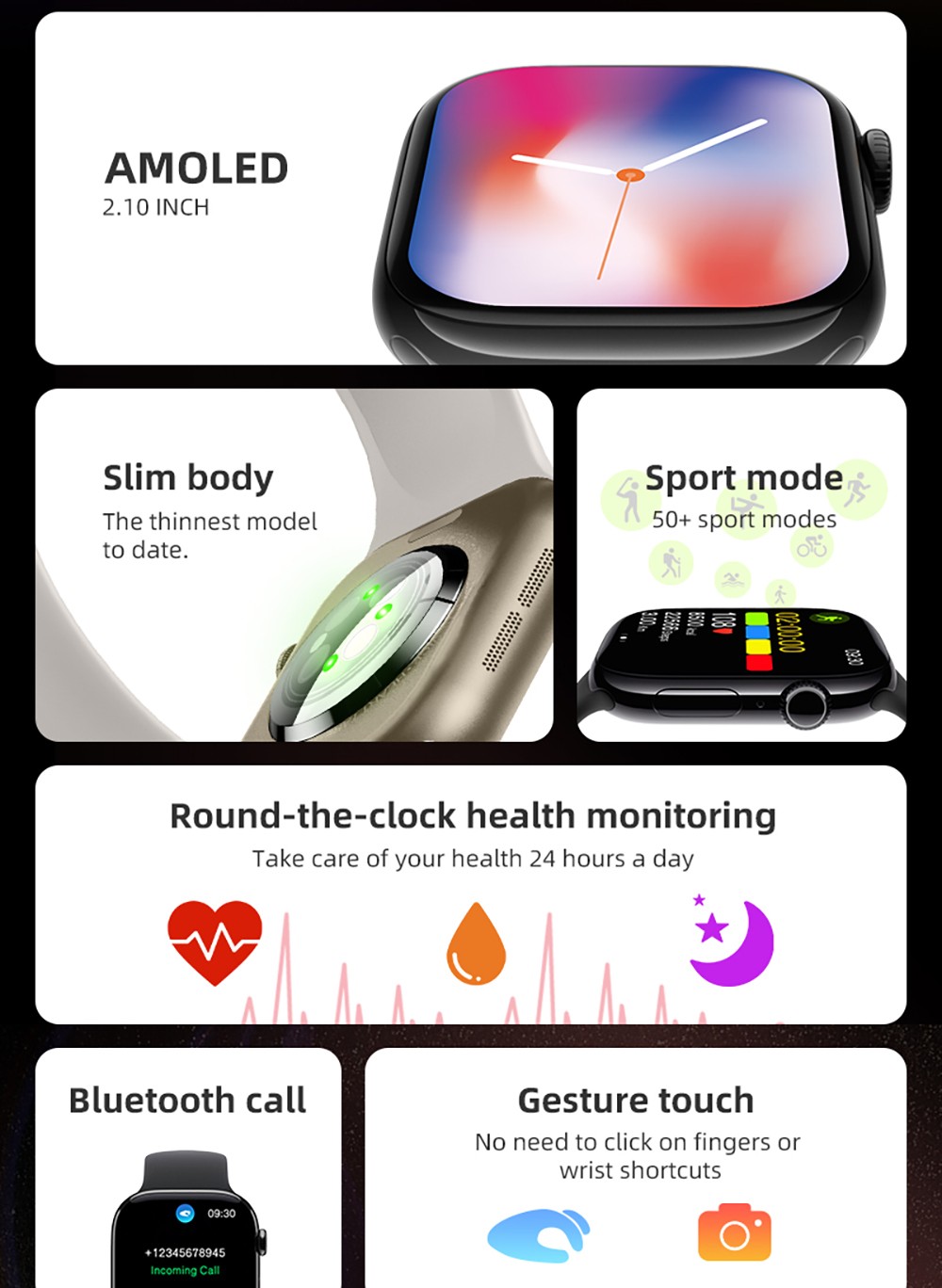 Diona S3 Mini Smartwatch, 2.1-inch AMOLED Screen, 50+ Sport Mode, Health Monitoring, Bluetooth Calling, Voice Assistant - Silver