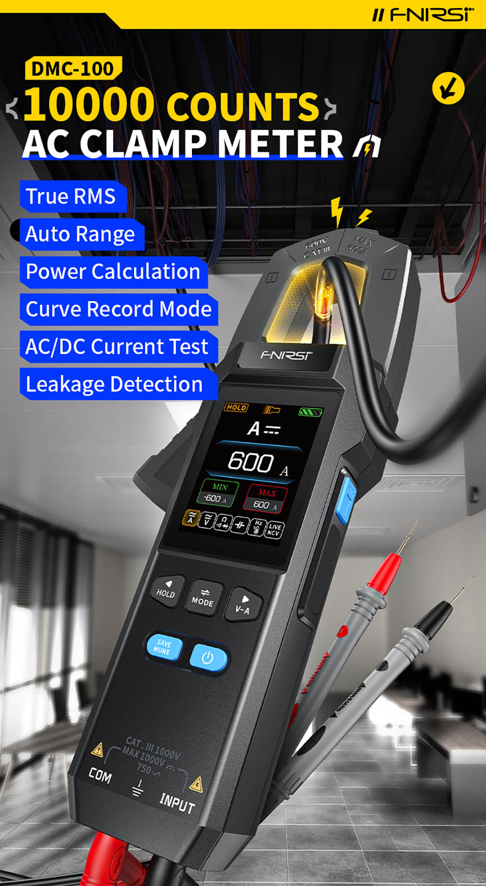 FNIRSI DMC-100 Digital Clamp Multimeter, 10,000-count True RMS, 2inch Color Screen, DC AC Current USB Tester NCV Electrician Tool