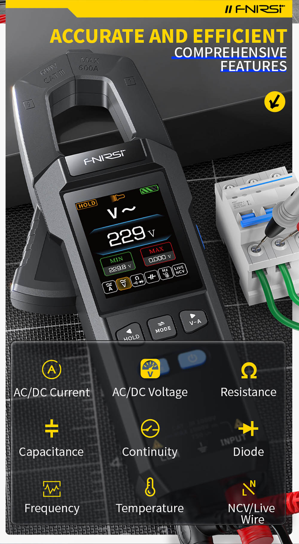 FNIRSI DMC-100 Digital Clamp Multimeter, 10,000-count True RMS, 2inch Color Screen, DC AC Current USB Tester NCV Electrician Tool