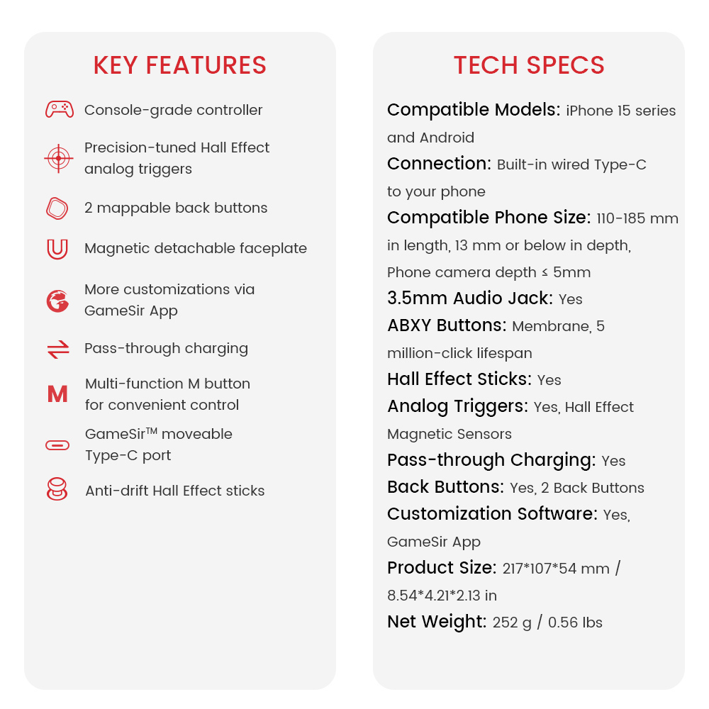 Refurbished GameSir G8 Type-C Mobile Gaming Controller, Plug and Play Gamepad with Hall Effect Joysticks/Hall Trigger