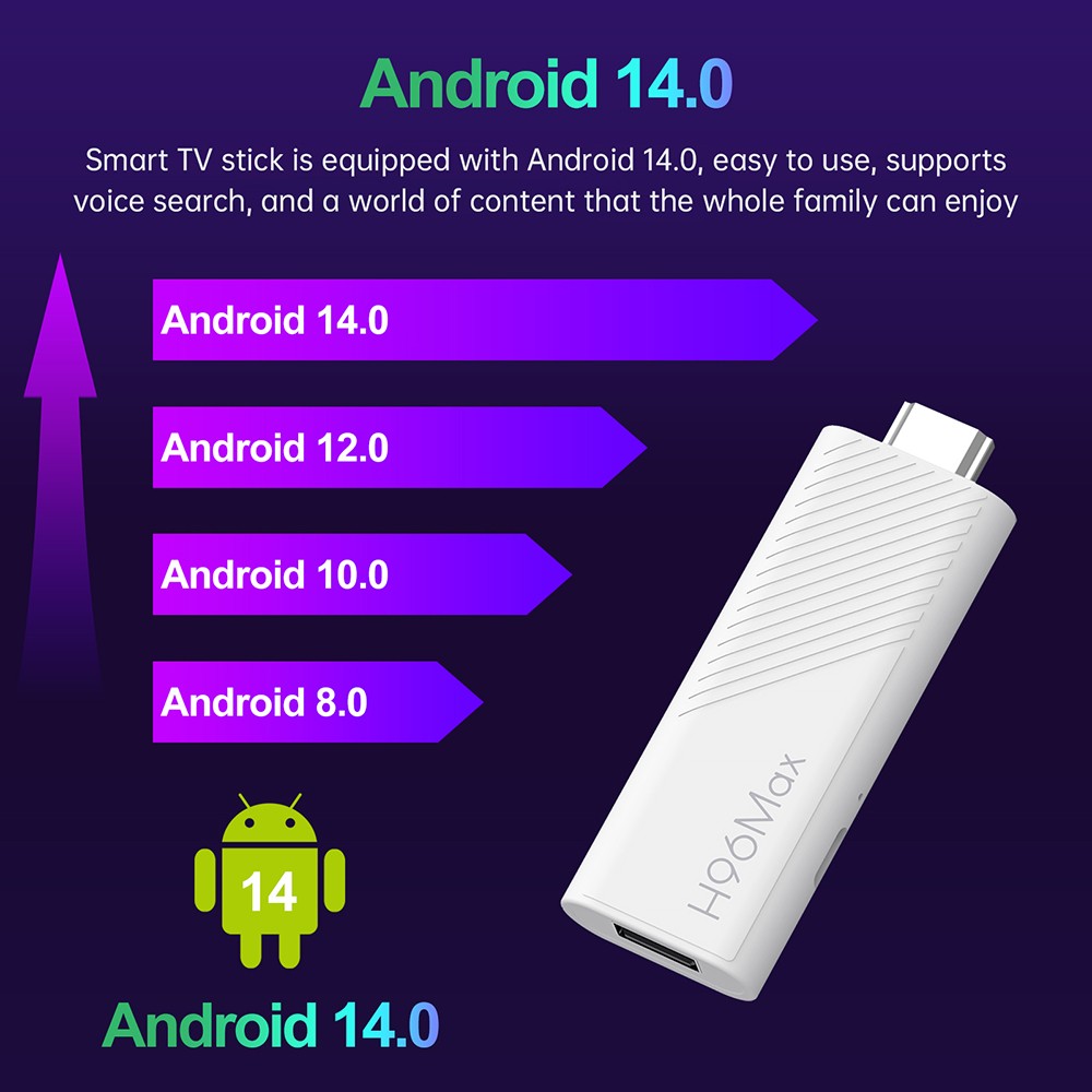 H96 Max H313 Android 14 TV Stick, 2GB RAM 8GB ROM, ARM Cortex A53 Quad Core, 4K UHD, WiFi 6, Built-in Chromecast, Google Play Games, 1*HDMI, 1*USB 2.0