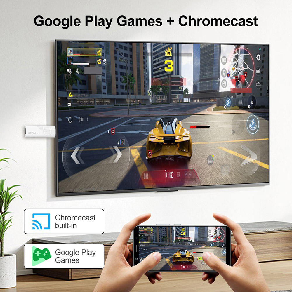 H96 Max H313 Android 14 TV Stick, 2GB RAM 8GB ROM, ARM Cortex A53 Quad Core, 4K UHD, WiFi 6, Built-in Chromecast, Google Play Games, 1*HDMI, 1*USB 2.0