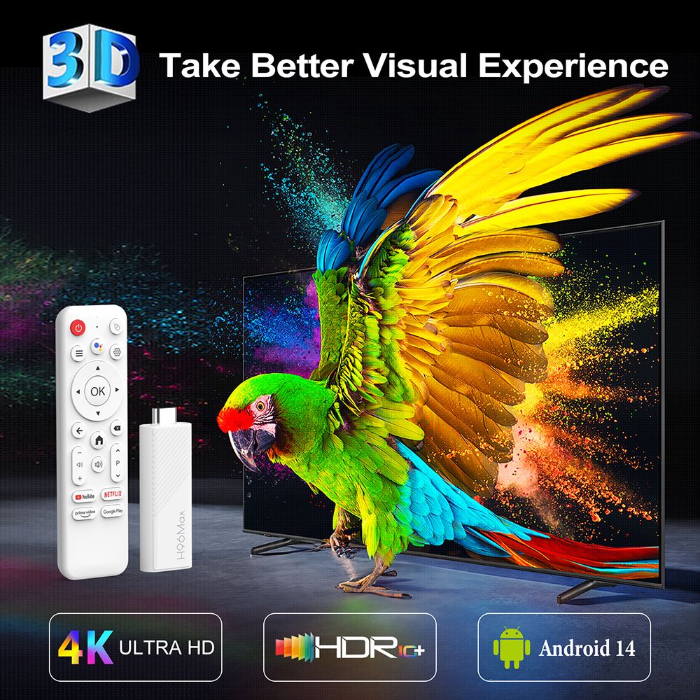 H96 Max H313 Android 14 TV Stick, 2GB RAM 8GB ROM, ARM Cortex A53 Quad Core, 4K UHD, WiFi 6, Built-in Chromecast, Google Play Games, 1*HDMI, 1*USB 2.0