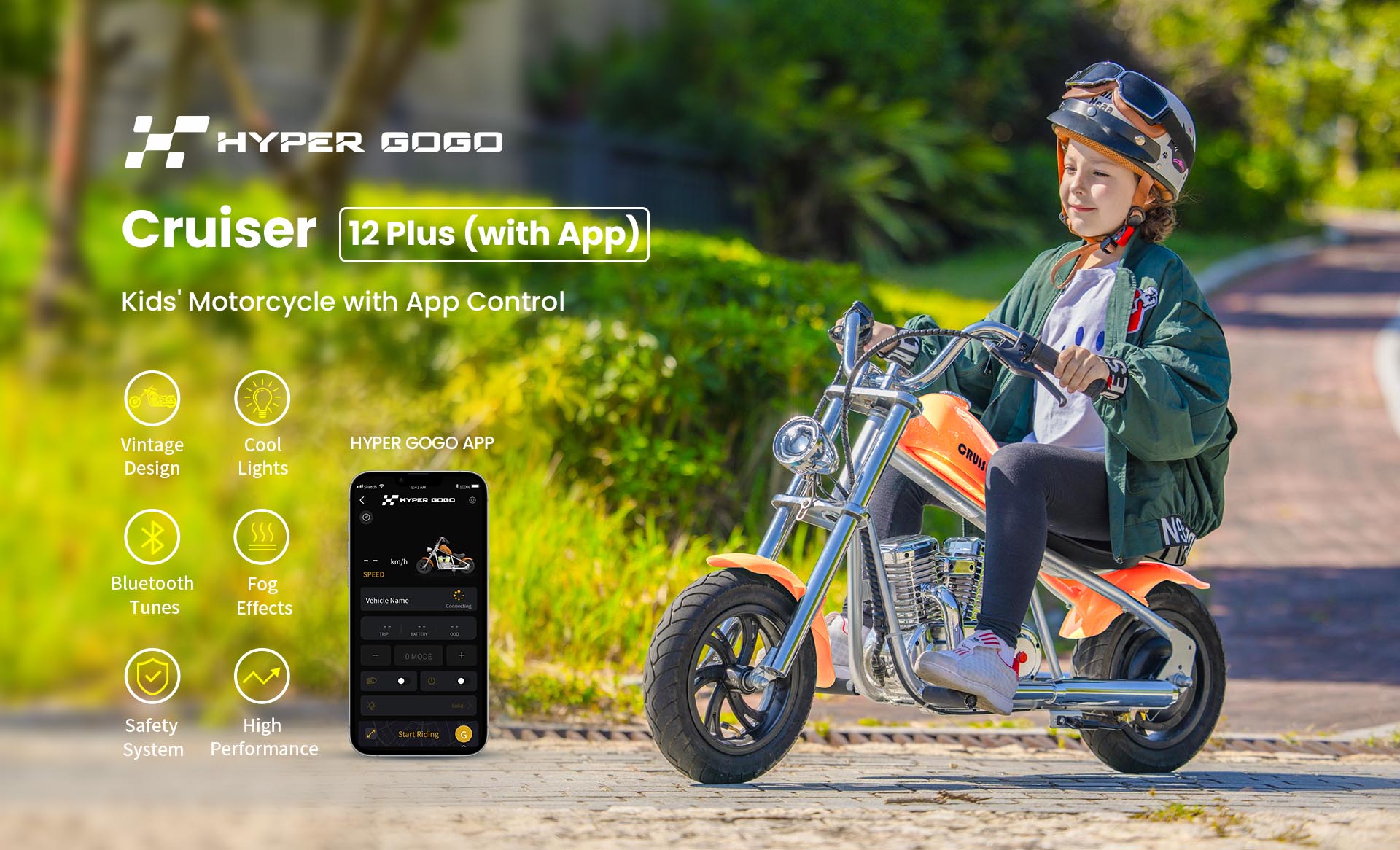 HYPER GOGO Cruiser 12 Plus with App Electric Motorcycle for Kids 12'' Pneumatic Tires Bluetooth Speaker Fog