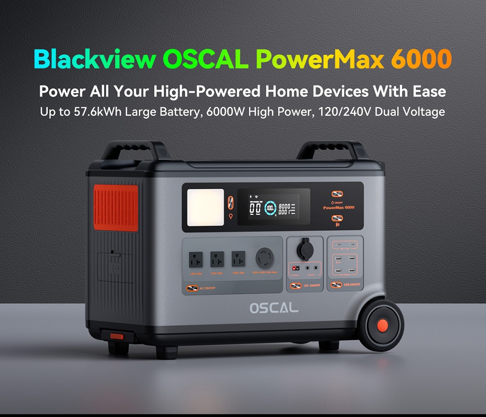 Blackview Oscal PowerMax 6000 6000W Rugged Power Station, 3600Wh to 57600Wh LiFePO4 Battery, 14 Outlets, 120V/240V Dual Voltage Output, 3500+ Life Circle, Smart APP Control, 5 LED Light Modes, Morse Code Signal