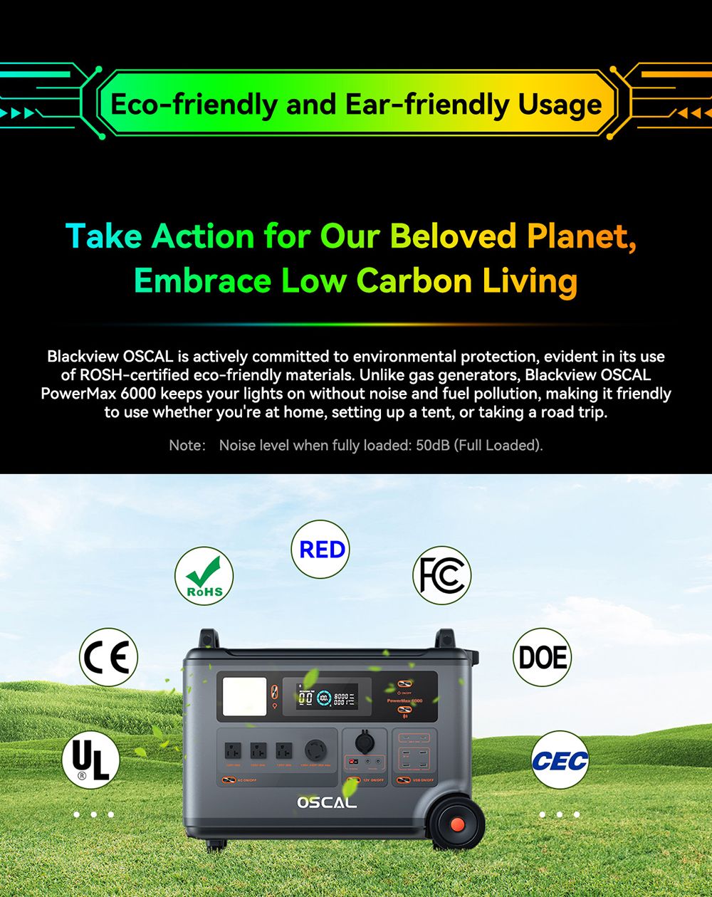 Blackview Oscal PowerMax 6000 6000W Rugged Power Station, 3600Wh to 57600Wh LiFePO4 Battery, 14 Outlets, 120V/240V Dual Voltage Output, 3500+ Life Circle, Smart APP Control, 5 LED Light Modes, Morse Code Signal