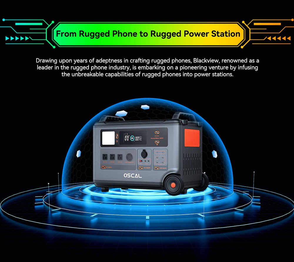 Blackview Oscal PowerMax 6000 6000W Rugged Power Station, 3600Wh to 57600Wh LiFePO4 Battery, 14 Outlets, 120V/240V Dual Voltage Output, 3500+ Life Circle, Smart APP Control, 5 LED Light Modes, Morse Code Signal