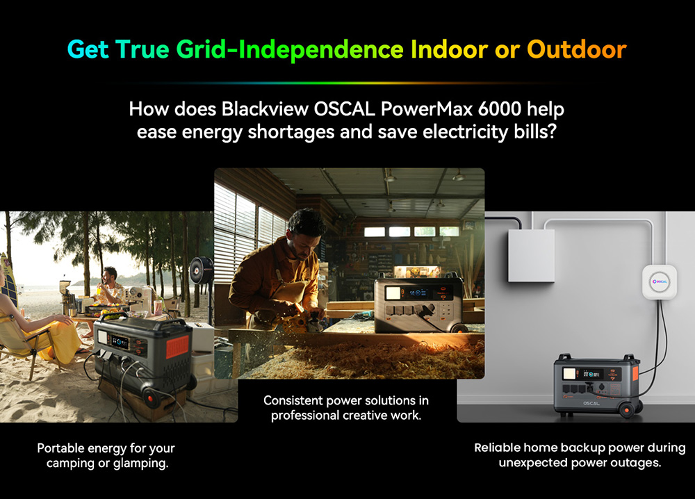Blackview Oscal PowerMax 6000 6000W Rugged Power Station, 3600Wh to 57600Wh LiFePO4 Battery, 14 Outlets, 120V/240V Dual Voltage Output, 3500+ Life Circle, Smart APP Control, 5 LED Light Modes, Morse Code Signal