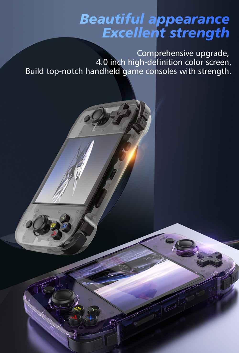 R46S Retro Game Console, 4-inch IPS Screen, 16GB + 64GB TF Card, 1GB LPDDR4 RAM, 8W Speaker, 8H Battery Life, 2.4G WiFi - Transparent Purple