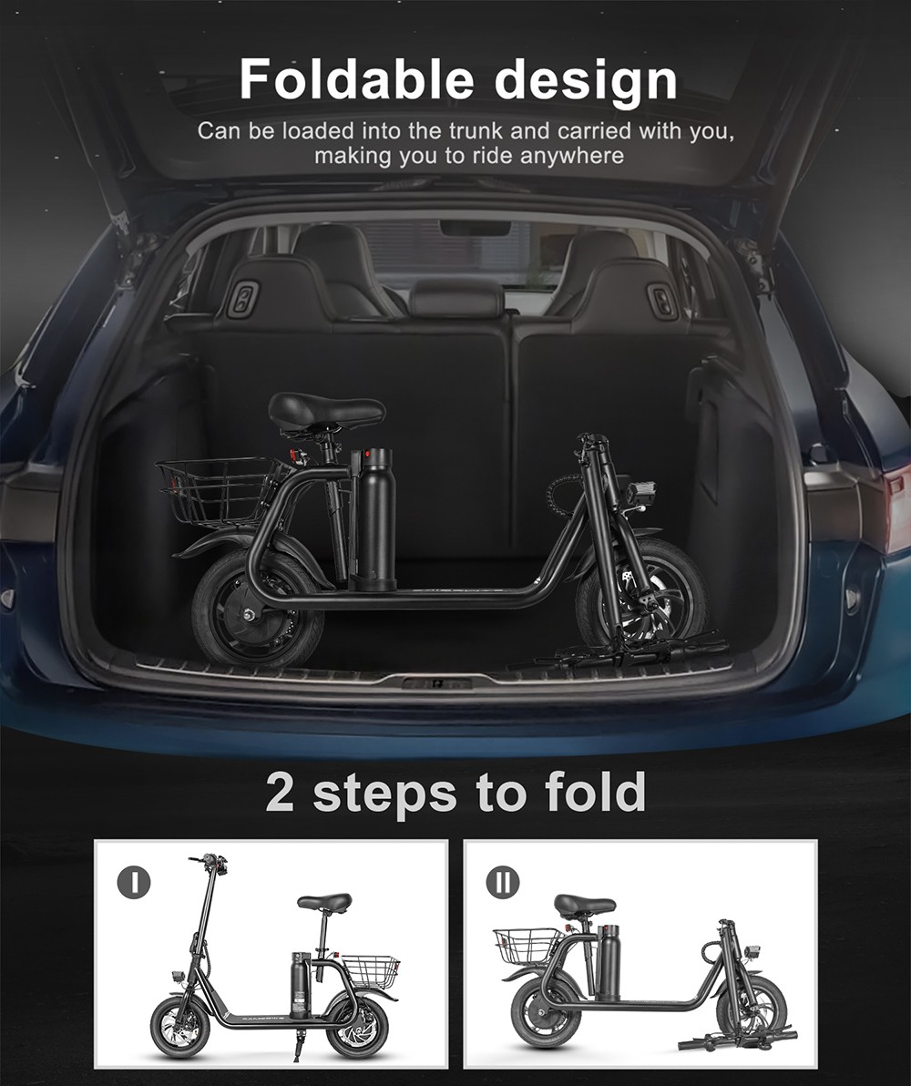 SAMEBIKE SM-C01 Foldable Electric Scooter with Seat, 350W Motor, 36V 10.4Ah Battery, 12 inch Tire, 32km/h Max Speed, 25km Range, Mechanical Disc Brakes, LCD Display - Black