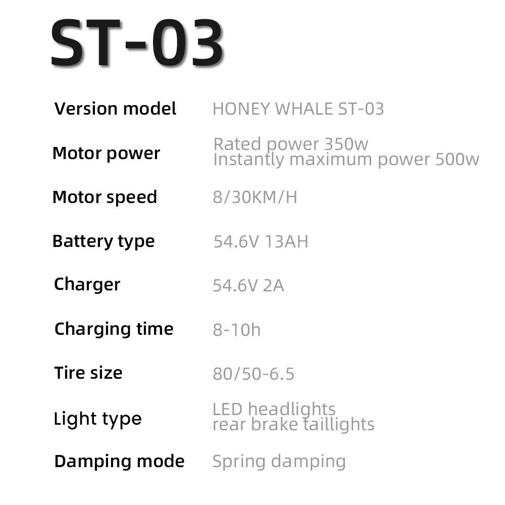 HONEYWHALE ST-03 Dreirädriger Elektroroller, 500-W-Motor, 54,6-V-13-Ah-Akku, 12-Zoll- und 10-Zoll-Reifen, 30 km/h Höchstgeschwindigkeit, 38 km Reichweite, Scheibenbremse