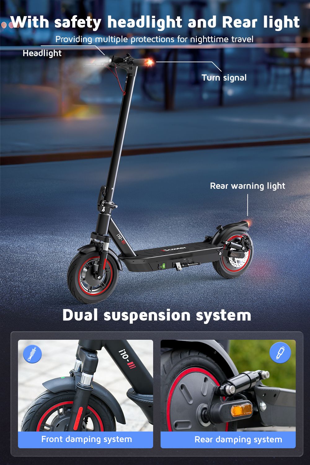iScooter i10 Electric Scooter, 650W Motor, 36V 15Ah, 10-inch Pneumatic Tire, 40km/h Max Speed, 45km Max Range, Front and Rear Suspension, Electronic Brake & Disc Brake