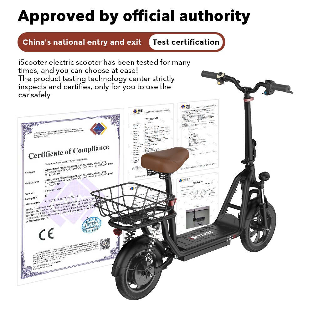 iScooter i12 Electric Scooter with Seat & Rear Basket, 500W Motor, 36V 7.5Ah Battery, 12-inch Pneumatic Tire, 25km/h Max Speed, 35km Max Range, Dual Disc Brakes, Dual Shock Absorption