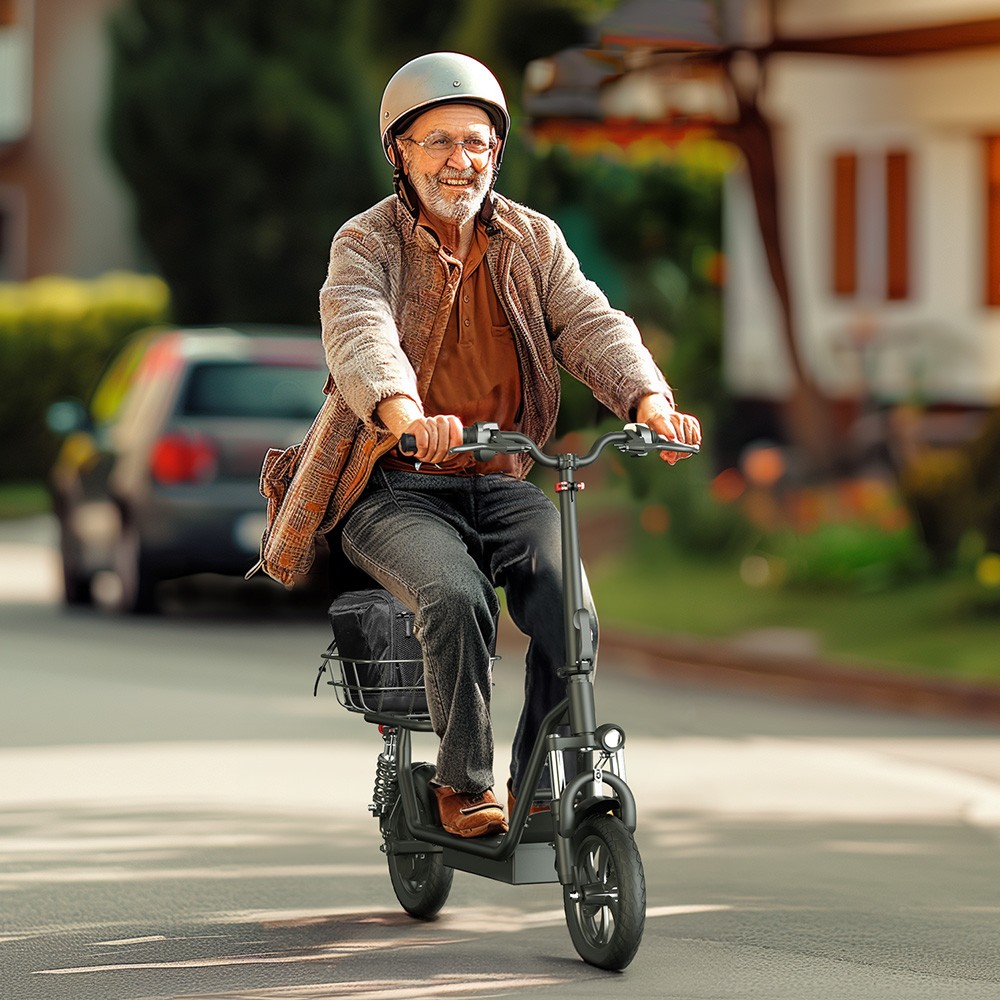 iScooter i12 Electric Scooter with Seat & Rear Basket, 500W Motor, 36V 7.5Ah Battery, 12-inch Pneumatic Tire, 25km/h Max Speed, 35km Max Range, Dual Disc Brakes, Dual Shock Absorption