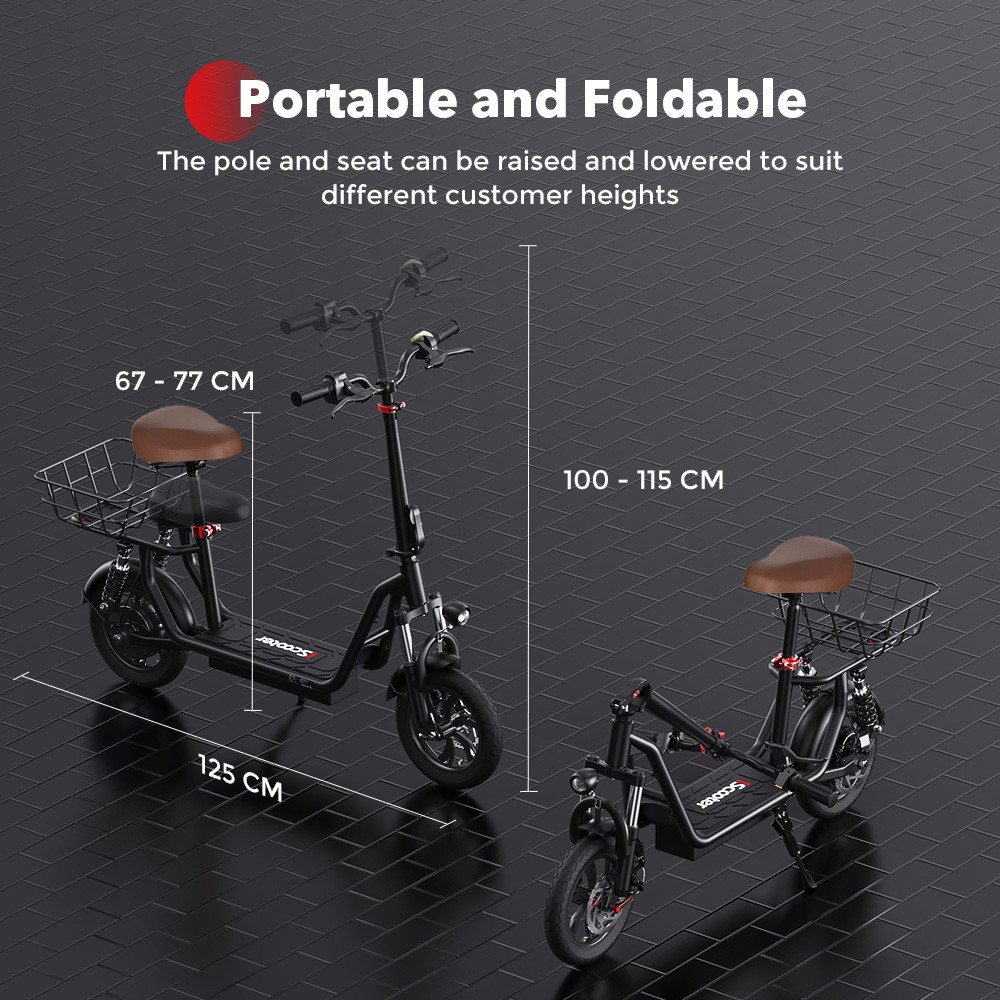 iScooter i12 Electric Scooter with Seat & Rear Basket, 500W Motor, 36V 7.5Ah Battery, 12-inch Pneumatic Tire, 25km/h Max Speed, 35km Max Range, Dual Disc Brakes, Dual Shock Absorption