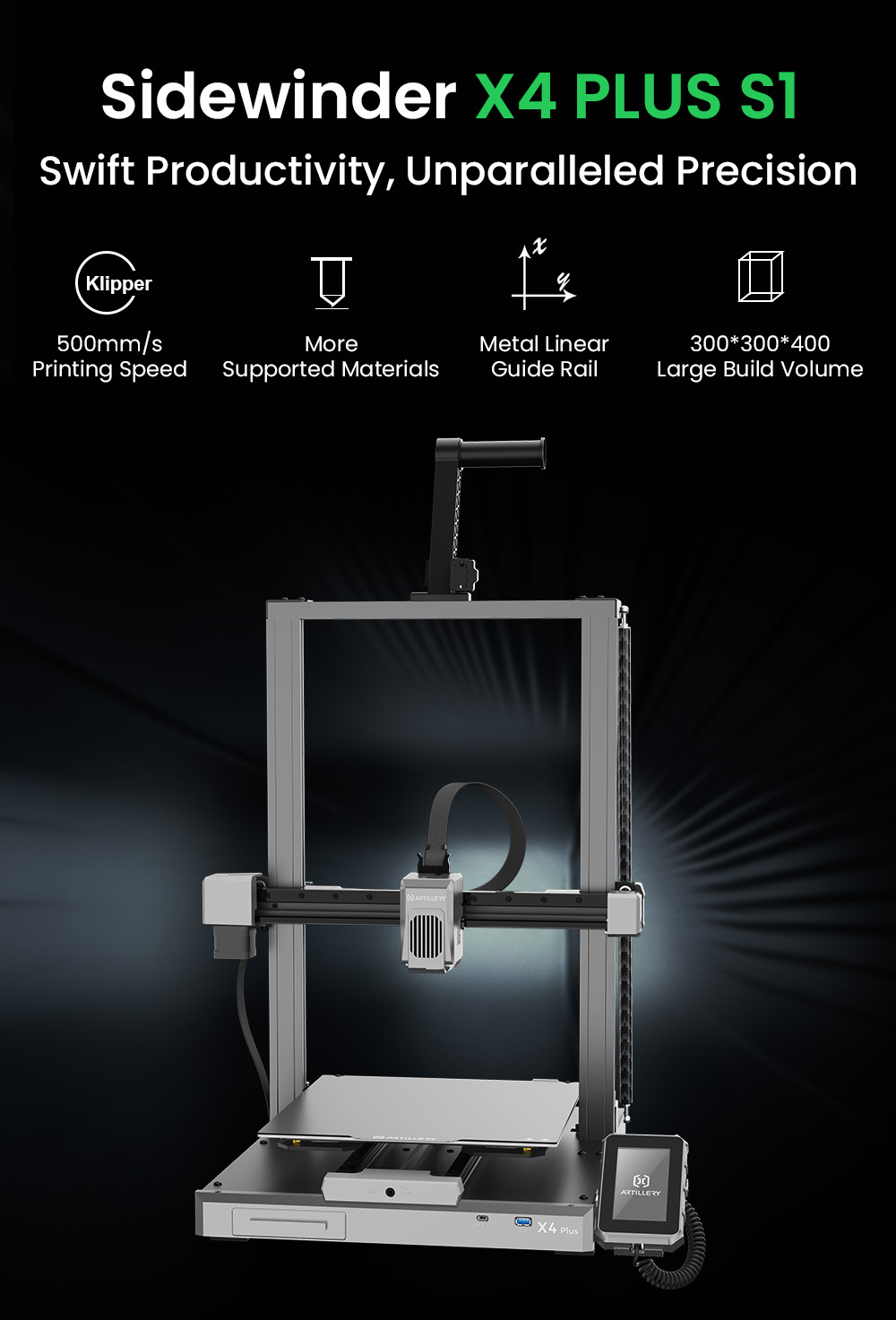Artillery Sidewinder X4 Plus S1 3D Printer, 300*300*400mm, 500mm/s Print Speed, 300℃ High-temp Printing, XY-Metal Linear Guide Rail, Auto Levelling, 8000 rpm Efficient Cooling Fans