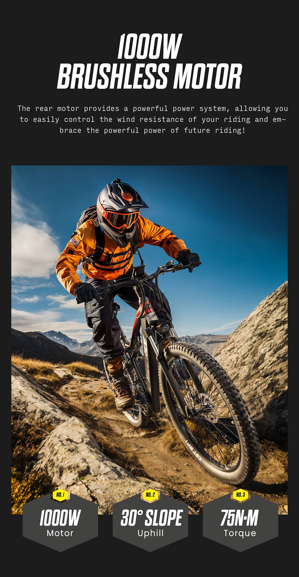 RANDRIDE YG90B Vélo électrique, Moteur 1000W, Vitesse max 45km/h, Batterie amovible 48V 17Ah, Autonomie max 80-90KM, Pneus 27.5*2.4'' CST, Charge 120kg, Shimano 21 vitesses, Frein hydraulique - Noir & Rouge