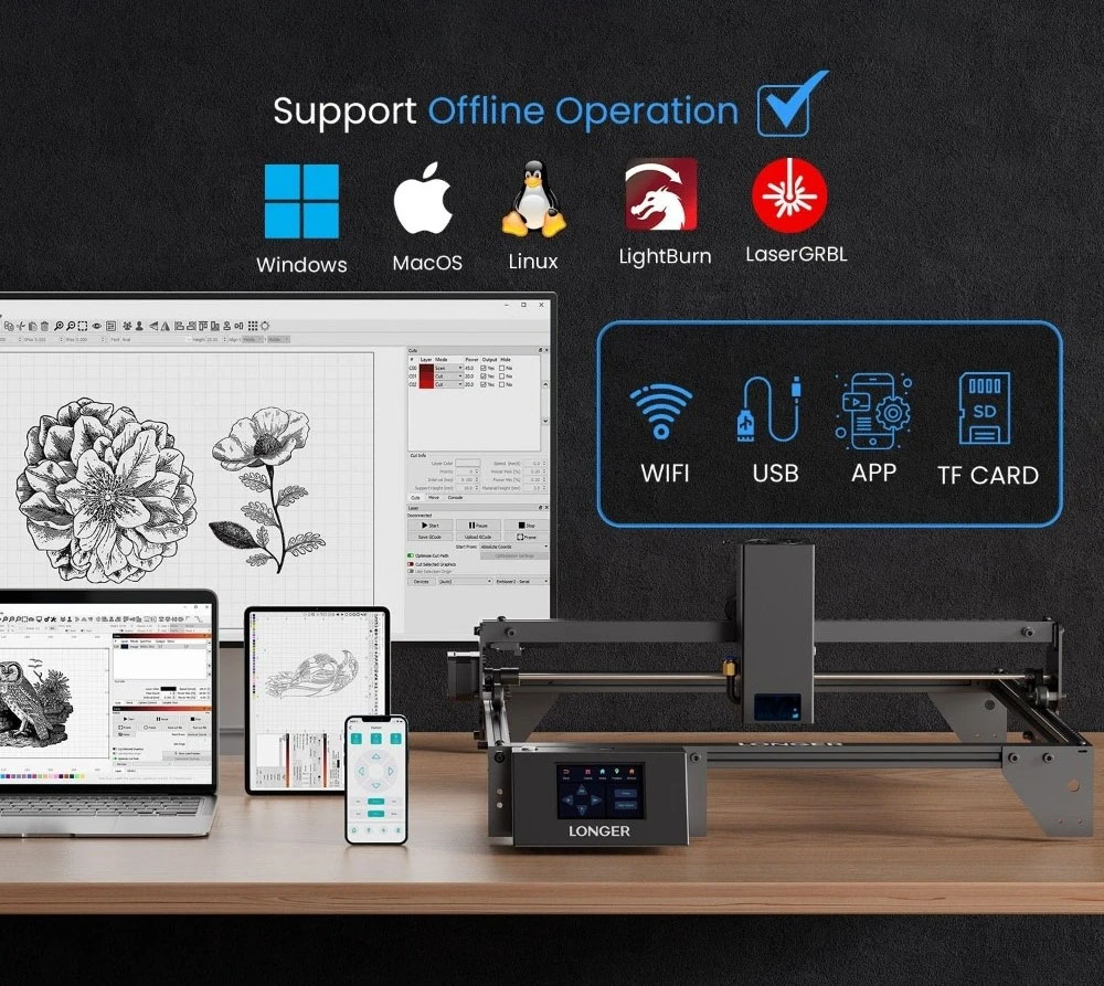 LONGER RAY5 20W Laser Engraver Cutter, Fixed Focus, 0.08*0.1mm Laser Spot, Color Touchscreen, 32-Bit Chipset, Support APP Connection, Working Area 375*375mm