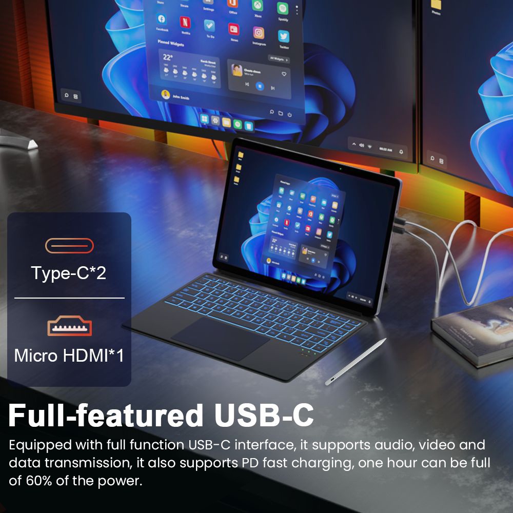 Ninkear T40 2-in-1 Tablet PC, 14'' 1920*1200 IPS Touchscreen, Intel N100 4 Cores 3.4GHz, 16GB RAM 512GB SSD, WiFi 6 Bluetooth 5.2, 5000mAh Battery, Detachable RGB Backlit Bluetooth Keyboard, 1*Full-featured USB-C, 1*Data Only USB-C, 1* Micro HDMI