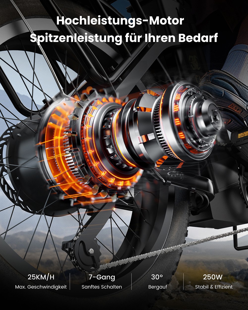 Free Elektrofahrrad, 250-W-Motor, 48-V-15,6-Ah-Akku, 20 x 3,0-Zoll-Reifen, 25 km/h Höchstgeschwindigkeit, 120 km Reichweite, Scheibenbremse vorne und hinten, Vorderradfederung, Shimano 7-Gang