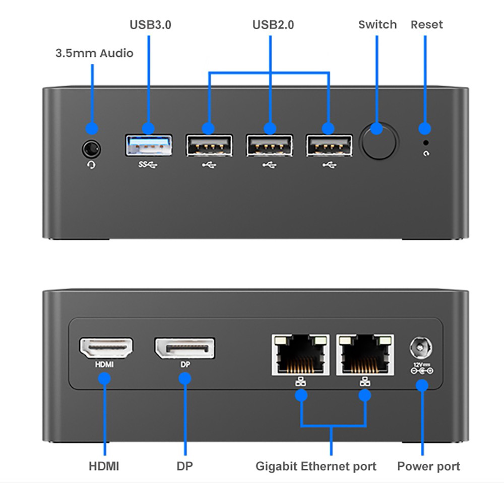 N100 Mini PC, 12th Gen Intel Alder Lake N100 up to 3.4GHz, 8GB DDR5 4800MHz 256GB M.2 SSD, 1xHDMI 2.0 1xDP 4K@60Hz Dual Display, 1xUSB 3.0 3xUSB 2.0 2x1000Mbps RJ45 Ethernet LAN 3.5mm Audio, 2.4/5GHz Dual Wi-Fi BT 4.2, Windows 11 Pro - EU Plug