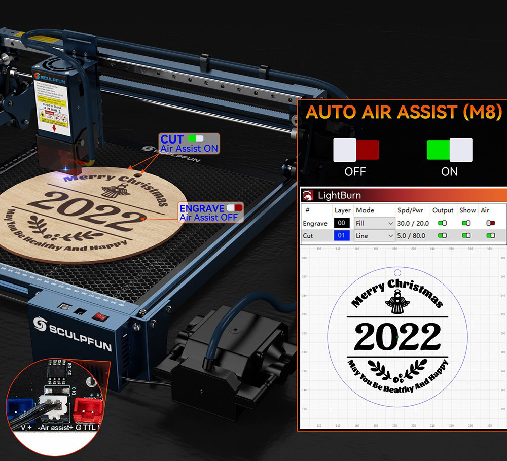 SCULPFUN S30 Pro Max 20W Laser Engraver Cutter, Automatic Air-assist, 0.08x0.1mm Laser Focus, 32-bit Motherboard, Replaceable Lens, 410x400mm, Expandable 935x905mm