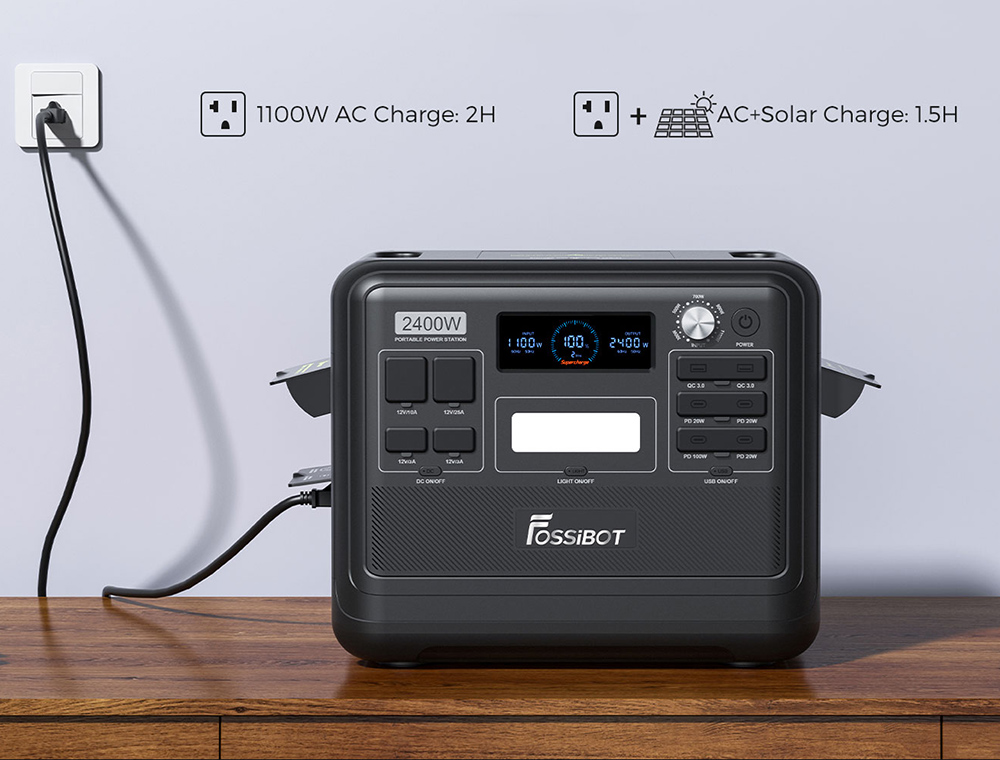 FOSSiBOT F2400 Portable Power Station Kit + 2 x FOSSiBOT SP200 18V 200W Foldable Solar Panel, 2048Wh LiFePO4 Battery 2400W Output Solar Generator, 3xAC RV Car USB Type-C QC3.0 PD DC5521 Pure Sine Wave Full Outlets, 1.5H Fast Charging, Outdoor