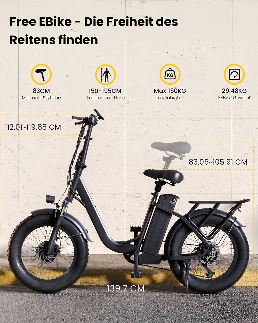 Free Elektrofahrrad, 250-W-Motor, 48-V-15,6-Ah-Akku, 20 x 3,0-Zoll-Reifen, 25 km/h Höchstgeschwindigkeit, 120 km Reichweite, Scheibenbremse vorne und hinten, Vorderradfederung, Shimano 7-Gang