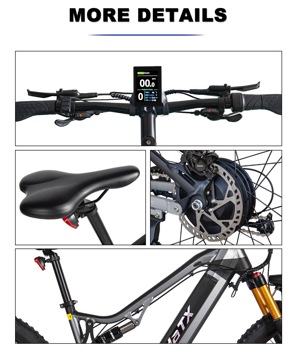 Heda TX TX19 Vélo électrique, moteur 1000 W, batterie 48 V 19,2 Ah, pneu 29 x 2,4 pouces, vitesse maximale 45 km/h, autonomie 70 km, frein à disque hydraulique, fourche avant amortissante, écran LCD coloré, 27 vitesses - Bleu