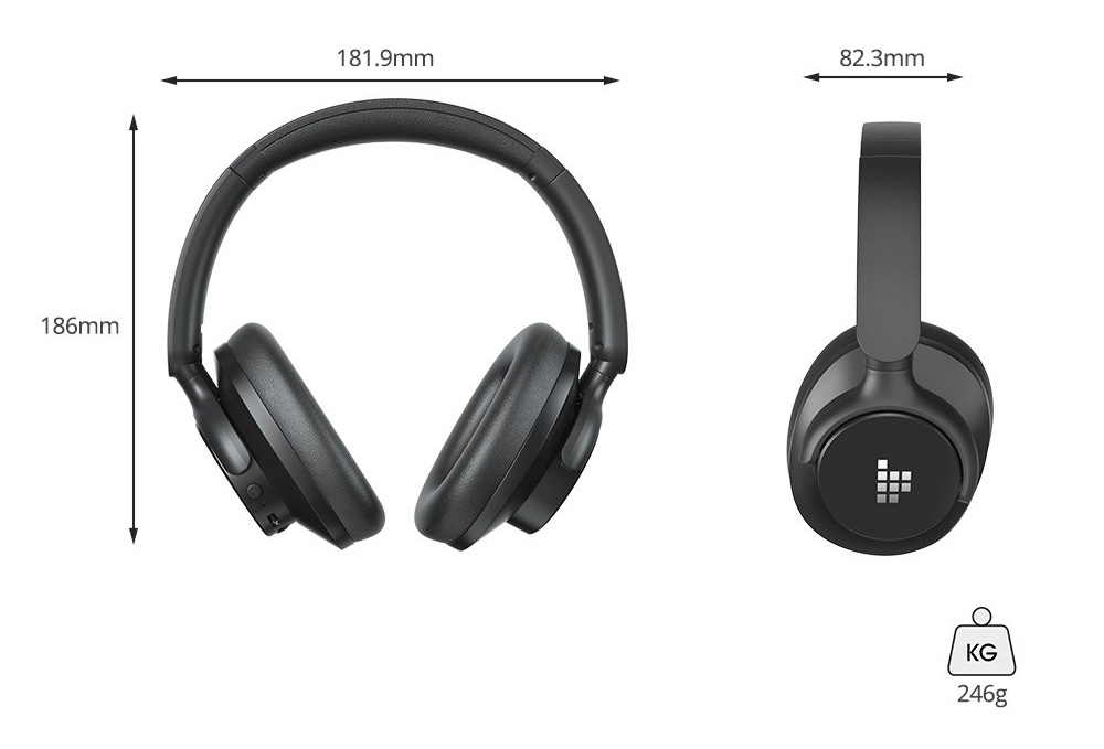 Tronsmart Sounfii Q20 ANC Bluetooth Headphones, 50 Hours Autonomy, 90° Swiveling Earpads, Pair with 2 Devices, Tronsmart App Control, Built-in Mic for Clear Calls, Active Noise Cancellation - Black