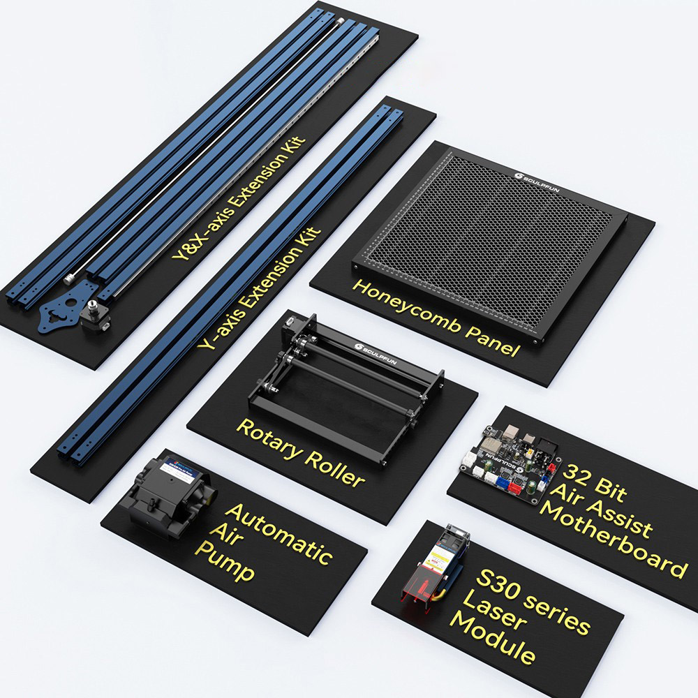 SCULPFUN S30 Pro Max 20W Laser Engraver Cutter, Automatic Air-assist, 0.08x0.1mm Laser Focus, 32-bit Motherboard, Replaceable Lens, 410x400mm, Expandable 935x905mm