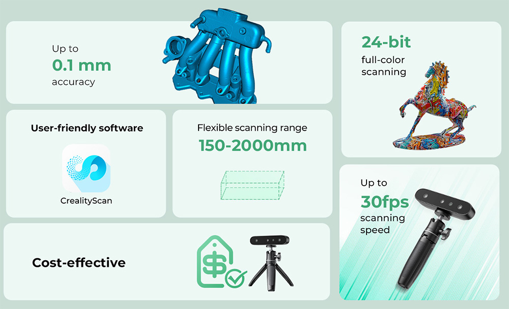 Creality CR-Scan Ferret SE 3D Scanner, Up to 30 fps Scan Speed, 0.1mm Accuracy, 24-bit Full-Color Scanning, Anti-Shake Tracking, 560x820mm Single Capture Range, 150x150mm Minimum Scanning