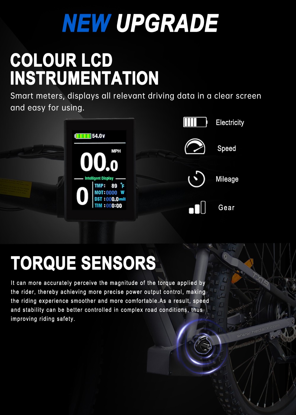 Heda TX TX19 Vélo électrique, moteur 1000 W, batterie 48 V 19,2 Ah, pneu 29 x 2,4 pouces, vitesse maximale 45 km/h, autonomie 70 km, frein à disque hydraulique, fourche avant amortissante, écran LCD coloré, 27 vitesses - Bleu