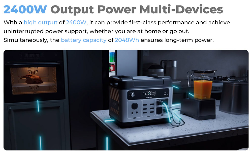 OUKITEL P2001 Plus Portable Power Station, 2400W AC Output, 2048Wh LiFePO4 Battery, 13 Outlets, 80% Charge in 1Hr, Smart APP Control, Adjust at 400W/800W/1200W/1800W, 2000W UPS < 10ms, Max. 500W Solar Input, IP54 Dust-Proof & Splash-Proof