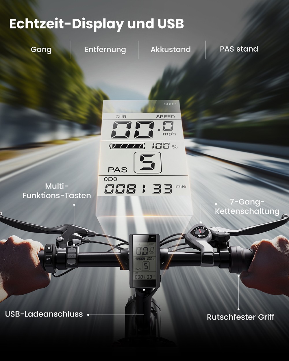 Free Elektrofahrrad, 250-W-Motor, 48-V-15,6-Ah-Akku, 20 x 3,0-Zoll-Reifen, 25 km/h Höchstgeschwindigkeit, 120 km Reichweite, Scheibenbremse vorne und hinten, Vorderradfederung, Shimano 7-Gang