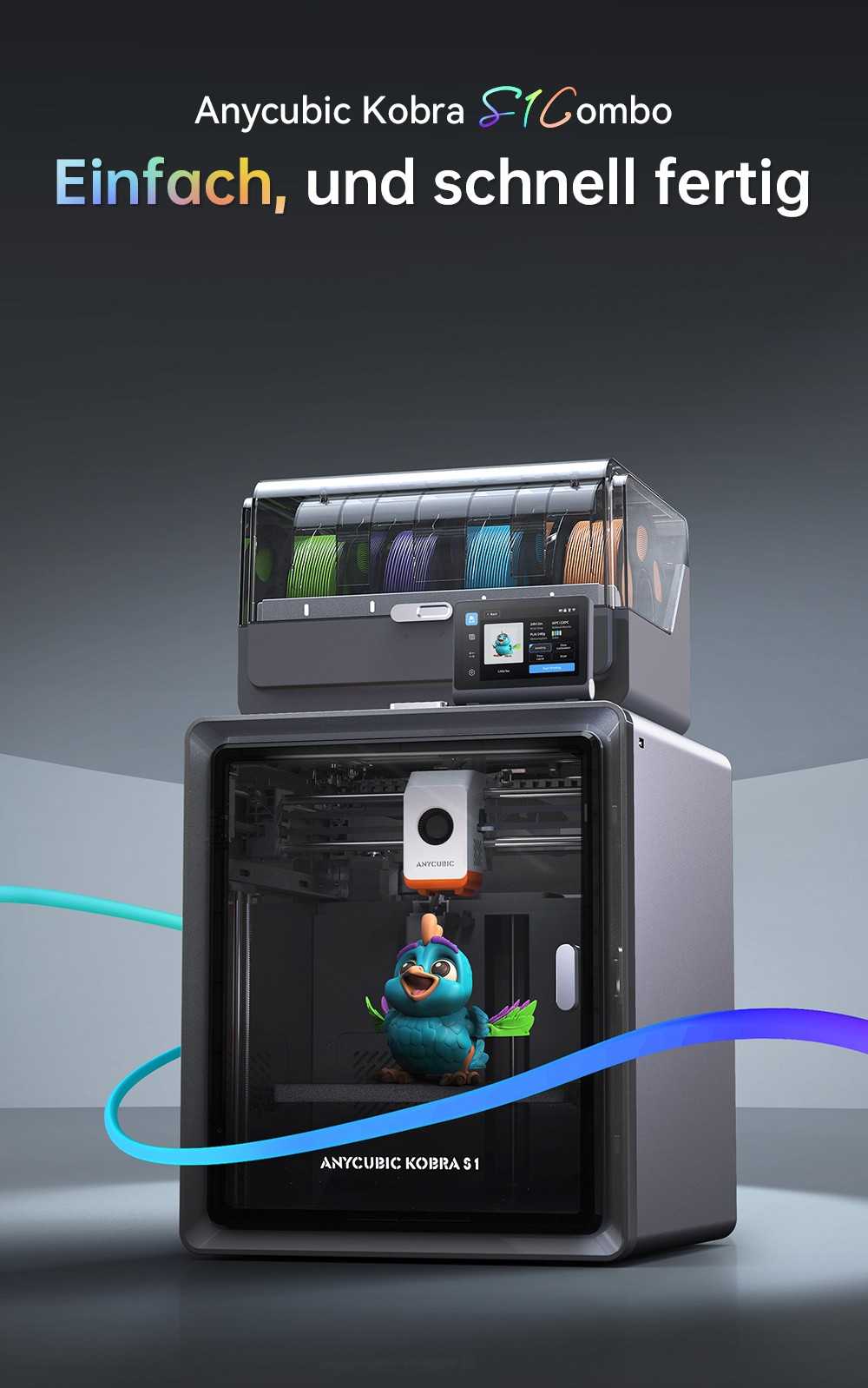 ANYCUBIC KOBRA S1 COMBO 3D-Drucker, lebendiger 8-Farben-Druck, 600 mm/s ultraschnelle Geschwindigkeit, automatische Nivellierung, 320 °C Hotend, 44 dB ultraleise, CoreXY-Konstruktion, 250 x 250 x 250 mm
