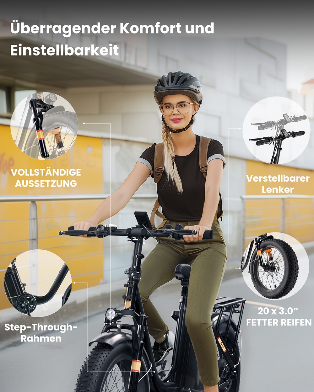 Free Elektrofahrrad, 250-W-Motor, 48-V-15,6-Ah-Akku, 20 x 3,0-Zoll-Reifen, 25 km/h Höchstgeschwindigkeit, 120 km Reichweite, Scheibenbremse vorne und hinten, Vorderradfederung, Shimano 7-Gang