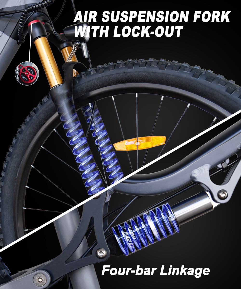 Heda TX TX19 Vélo électrique, moteur 1000 W, batterie 48 V 19,2 Ah, pneu 29 x 2,4 pouces, vitesse maximale 45 km/h, autonomie 70 km, frein à disque hydraulique, fourche avant amortissante, écran LCD coloré, 27 vitesses - Bleu