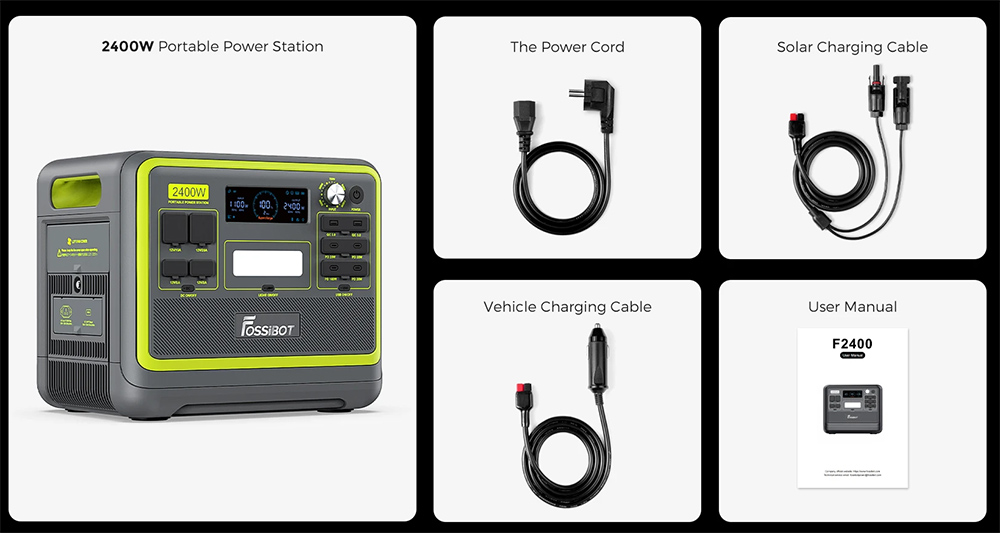 FOSSiBOT F2400 Portable Power Station Kit + 2 x FOSSiBOT SP200 18V 200W Foldable Solar Panel, 2048Wh LiFePO4 Battery 2400W Output Solar Generator, 3xAC RV Car USB Type-C QC3.0 PD DC5521 Pure Sine Wave Full Outlets, 1.5H Fast Charging, Outdoor