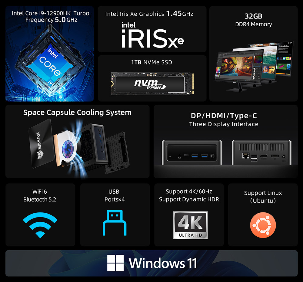 BMAX B9 Power Mini PC, Intel Core i9-12900H 14 Cores Max 5.0GHz, 32GB RAM 1TB SSD, DP+HDMI+Type-C 4K Triple Display, Support Dynamic HDR, WiFi 6 Bluetooth 5.2, 2*USB 3.2 2*USB 2.0 1*RJ45 1*3.5mm Headset Jack, Space Capsule Cooling System