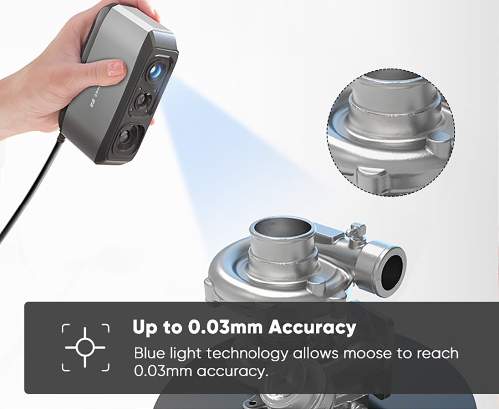 3DMakerpro Moose 3D Scanner, 0.03mm Accuracy, 0.07mm Resolution, Blue LED Light Source, 24-bit Color Camera, Al Visual Tracking, 10fps Frame Rate, Anti-Shake Lenses, Compatible with Windows/MacOS