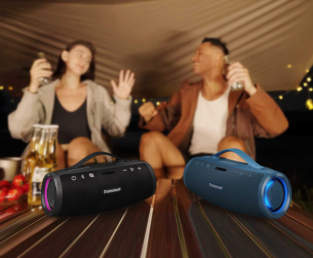2pcs Tronsmart Mirtune S100 Portable Outdoor Speaker, Bluetooth 5.3, Customizable EQ, 50W Output, 20 Hours of Playtime, IPX7 Waterproof, Retractable Handle - Blue + Black