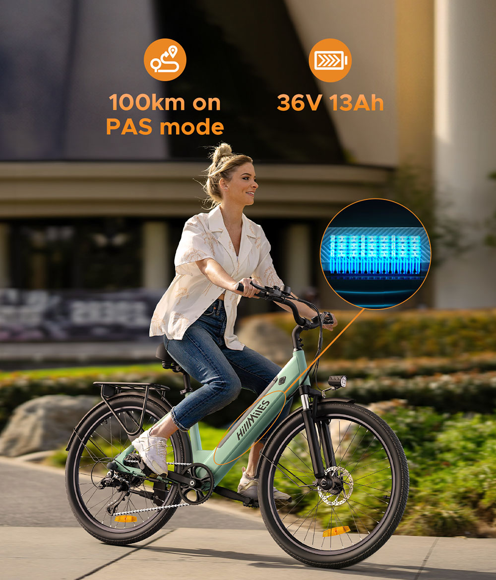HillMiles MileCity1 Electric Bike, 250W Motor, 36V 13AH Battery, 26-inch Tire, 32km/h Max Speed, 100km Max Range, Shimano 7-speed, Mechanical Disc Brake, Front Fork Suspension, IP65 Waterproof