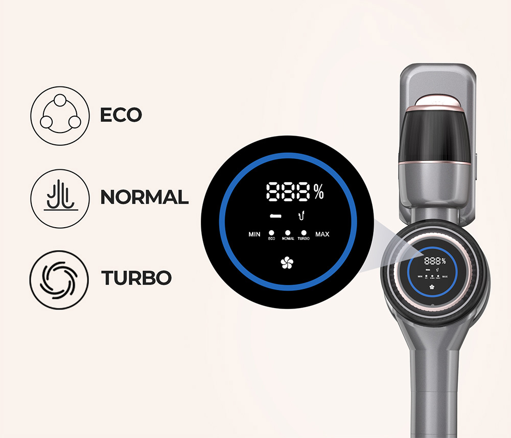 JIGOO C300 Cordless Vacuum Cleaner, 30KPa Suction, 400W Motor, 1.2L Dust Cup, 5-Stage Filtration, Up to 45 Mins Runtime, 7x2000mAh Removable Batteries, LED Touch Screen - Gold