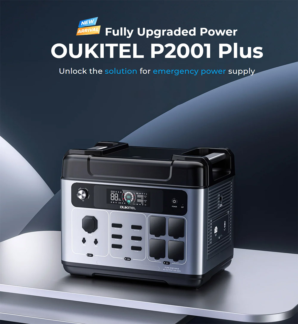 OUKITEL P2001 Plus Portable Power Station, 2400W AC Output, 2048Wh LiFePO4 Battery, 13 Outlets, 80% Charge in 1Hr, Smart APP Control, Adjust at 400W/800W/1200W/1800W, 2000W UPS < 10ms, Max. 500W Solar Input, IP54 Dust-Proof & Splash-Proof