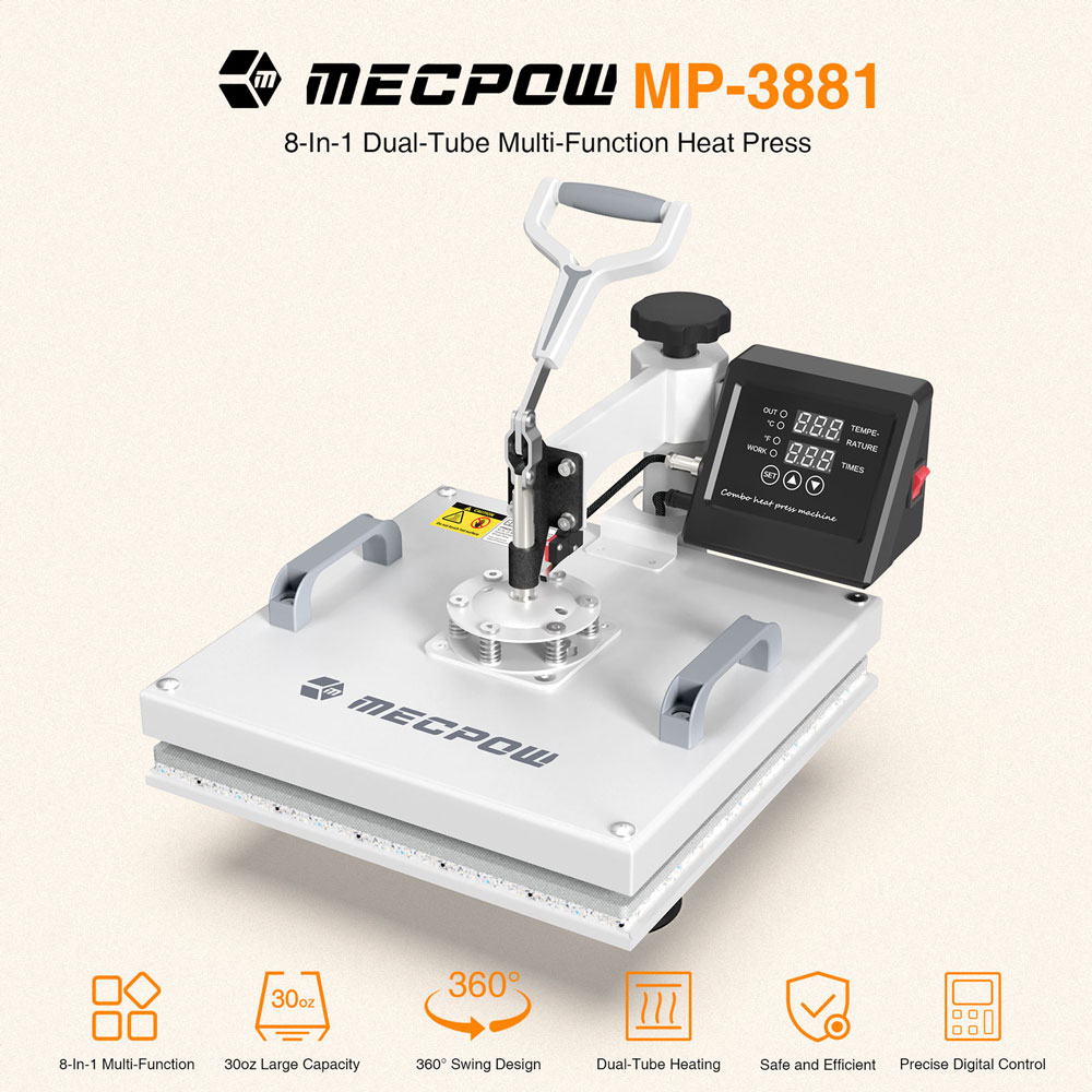 Mecpow MP3881 15in*15in Heat Press Machine 8in1, 30oz Large Capacity, Dual-Tube Heating, Precise Digital Control, 360° Swing Design
