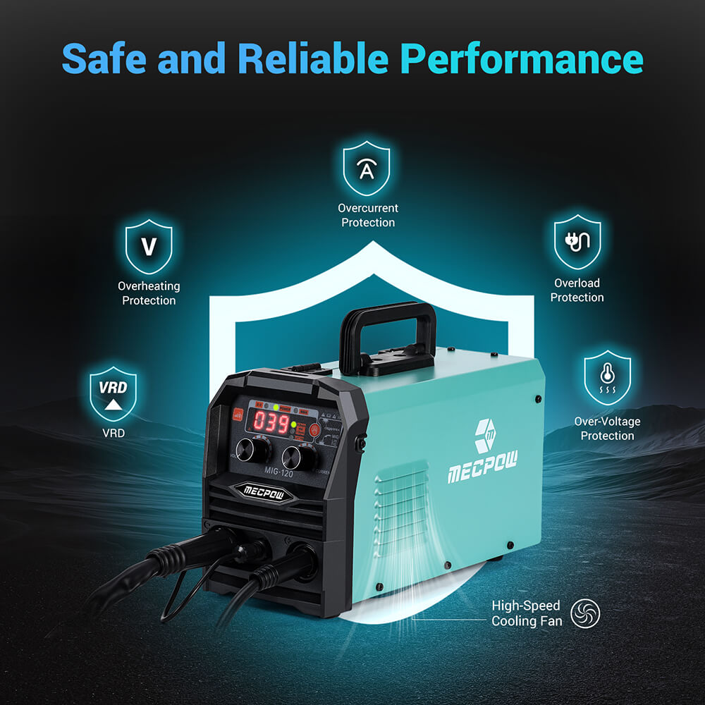 Mecpow MIG120 Gasless Welder, 220V, MIG/MMA/LIFT TIG 3 in 1, Overheating/ Overcurrent/ Overload/Over-Voltage Protection, LCD Display