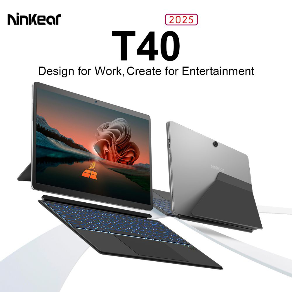 Ninkear T40 Tablette PC 2 en 1, écran tactile IPS 14'' 1920*1200, Intel N100 4 cœurs 3,4 GHz, 16 Go de RAM, 512 Go SSD, WiFi 6, Bluetooth 5.2, batterie 5000 mAh, clavier Bluetooth rétroéclairé RVB détachable, 1 * USB-C complet, 1 * USB-C de données uniquement, 1 * Micro HDMI